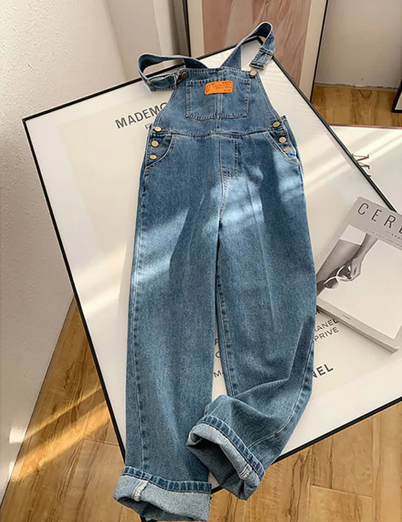 Women Denim Overalls Vintage Streetwear Loose Jumpsuit Korean Straight Wide Leg Pants Casual Jeans All Match Trousers