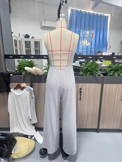 Casual Jumpsuit Jumpsuits For Woman Sling Women's Clothing Solid Color Backless Sleeveless Loose Wide Legs Trouser Simple Style
