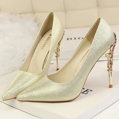 Women Luxury Metallic Decoration Heel Wedding Shoes Lady Trendy 10cm High Heels Pointed Toe Shoes Female Premium Gray Shoes