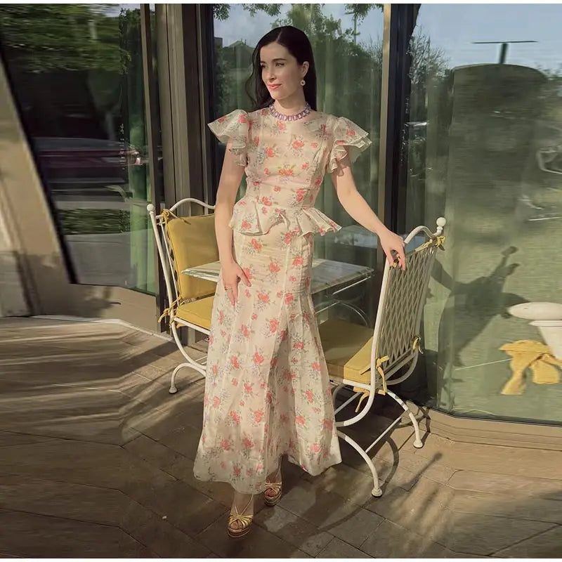 Women Printed V Neck Long Dress Flared Sleeve Lotus Leaf Edge High Waist Slim Fit Maxi Dresses Lady Elegant Evening Party Dress