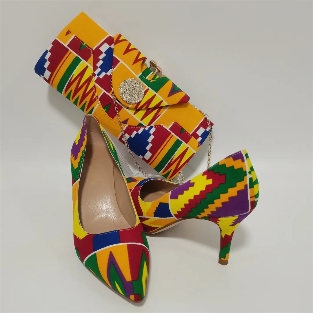 Fashion African Women Wedding Party Wax Shoes and Bag to Match Nigeria Ankara Style Print Shoes Bag Set F1110-1