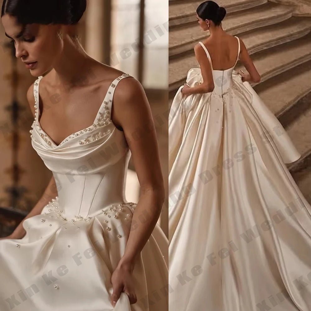 Gorgeous Women Pearls A-line Wedding Dresses Spaghetti Straps Bride Gown Backless Bride Dresses Bridal Gowns Vestidos Customized