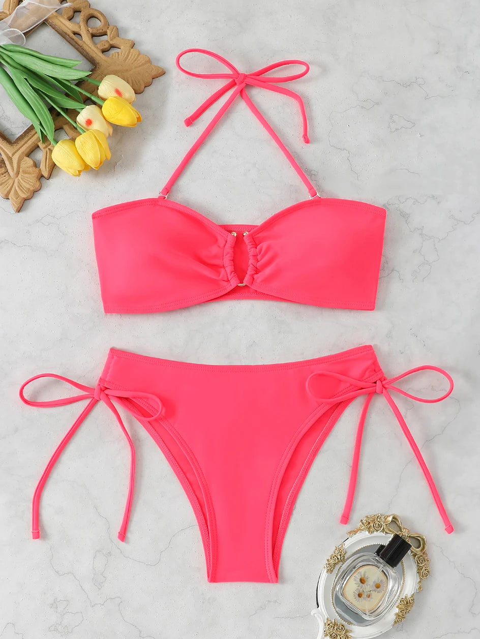 High Waist Bikini Women's Swimsuit 2026 Knotted Bathing Suits Woman Swimwear Bandeau Push Up Bikinis Sets Brazilian Beach Wear