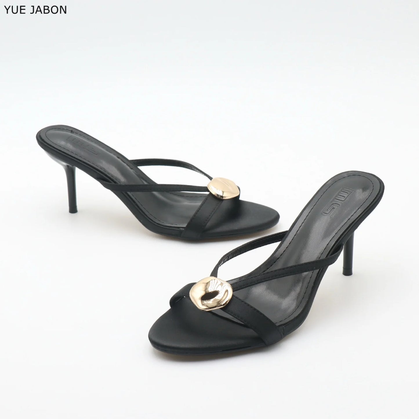 Red Satin Sexy Thin Heel Slippers Women Metal Buckle Open Toe Slides Ladies Concise Black Luxury Brand High Heels Dress Shoes