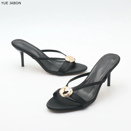 Red Satin Sexy Thin Heel Slippers Women Metal Buckle Open Toe Slides Ladies Concise Black Luxury Brand High Heels Dress Shoes