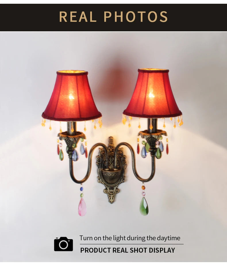 Retro American European Iron Art Red Cloth Crystal Wall Lamp for Hall Restaurant Bedroom Walkway Hotel Bar Decorative Wall Light