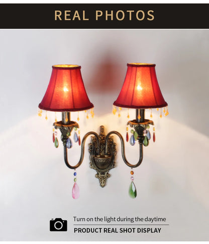 Retro American European Iron Art Red Cloth Crystal Wall Lamp for Hall Restaurant Bedroom Walkway Hotel Bar Decorative Wall Light