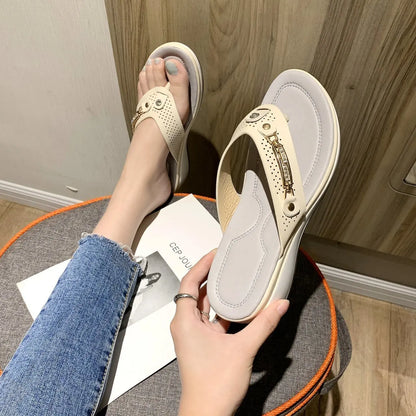 Sandals for Women Flip Flops Metal Button Slides Slipper Beach Dance Non-slip Casual Wedge Shoes Female Summer Slippers Sandals