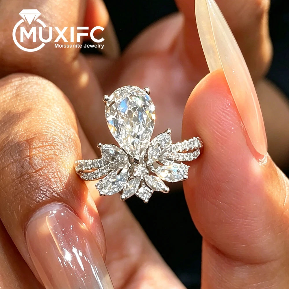 2CT D Color Pear Cut Moissanite Diamond Ring with GRA Crown Waterdrop Lab Diamond Promise Wedding Band 925 Silver Luxury Jewelry