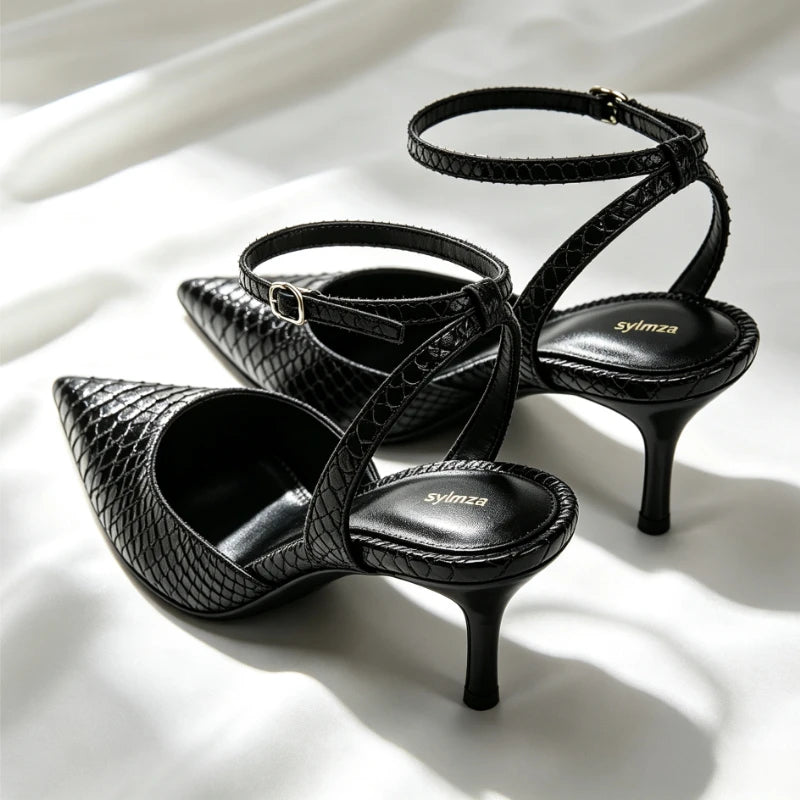 Black Embossed Upper Slingback Pumps Women Sexy Pointed-Toe Ankle-Strap Buckle Kitten-Heel Sandals Luxury Brand Designer Shoes