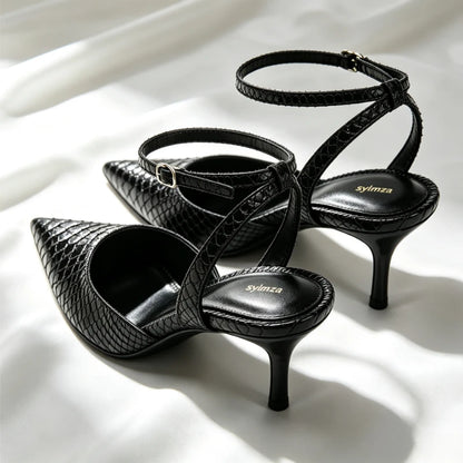 Black Embossed Upper Slingback Pumps Women Sexy Pointed-Toe Ankle-Strap Buckle Kitten-Heel Sandals Luxury Brand Designer Shoes