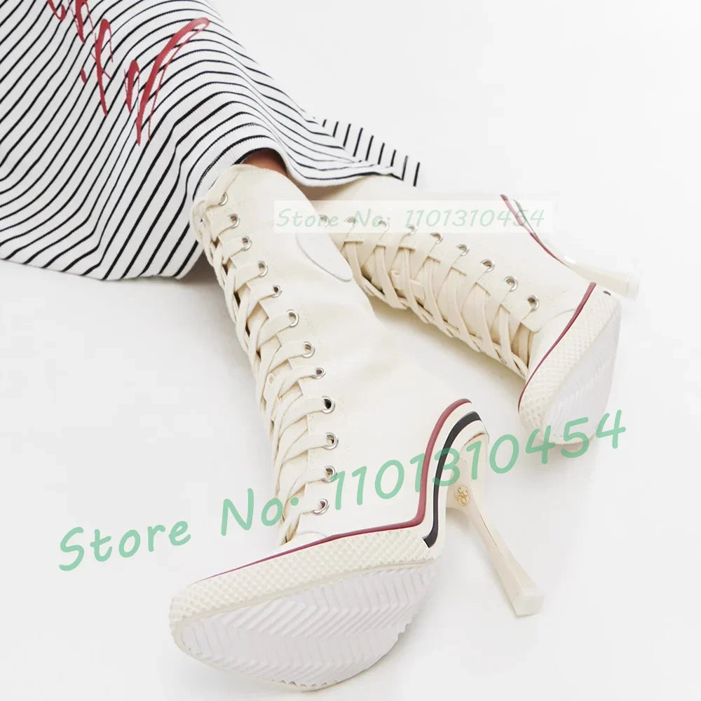White High Heel Canvas Ankle Boots Women Front Cross-tied Pointy Toe Shoes Side Zipper Sexy Girls Sporty Casual High Top Booties