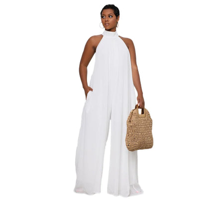 2026 New Women's Solid Chiffion Loose Halter Jumpsuits Sexy Backless Wide Leg Pants Rompers Fashion Party Elegant Women Clothing