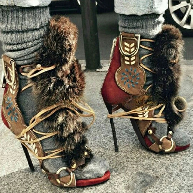 11.5cm Luxury Stiletto Women's Sandals Catwalk Open-toe Color Matching Straps Plush Women's Pumps and Heel Sandalias De Mujer