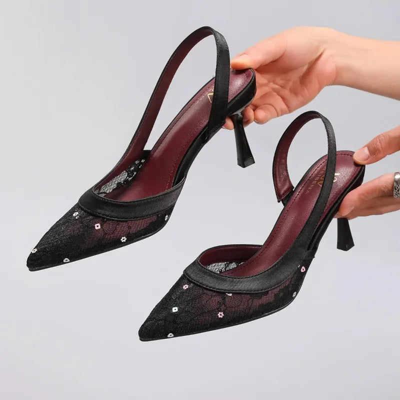 Elegant Lace Mesh High Heeled Sandals Women Luxury Bling Back Strap Brand Designer Shoes Fashion Pointy Toe Party Dress Shoes