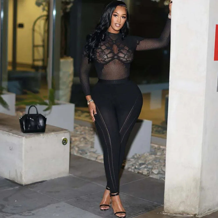 Doyerl Black Bodycon Rompers and Jumpsuits for Woman Long Sleeve See Through Mesh Patchwork Skinny One Piece Catsuit Overalls