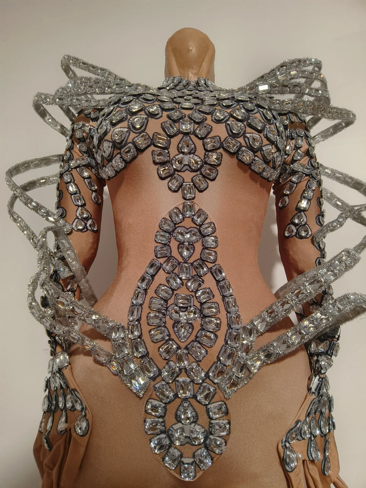 Women Sexy Sparkly Diamond Long Sleeves Spandex Stretch Jumpsuit Evening Birthday Party Bar Nightclub Dancer Stage Show Clothing