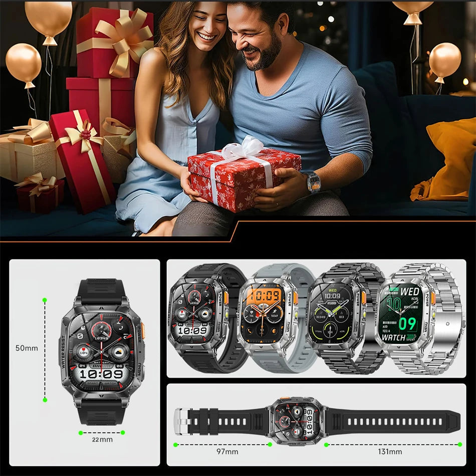 New 1400 mAh Battery Military Smartwatch Men IP68 Waterproof Flashlight Health Monitor Sports Call Smart Watch For iOS Android