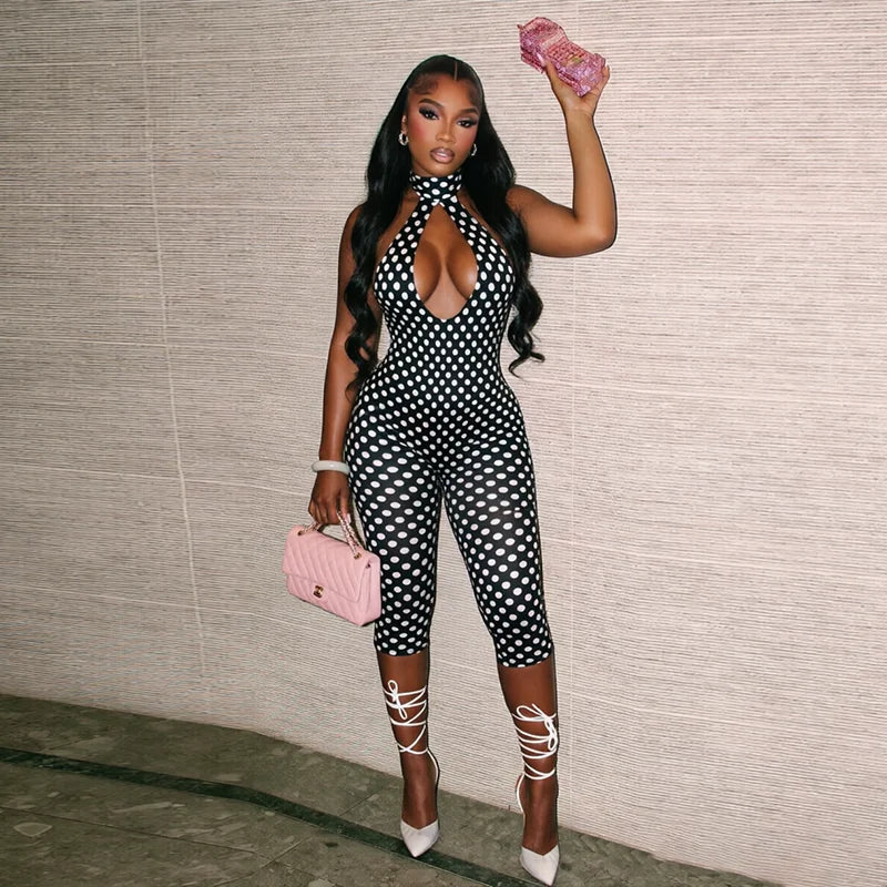 Polka dot print neck strap, big backless, tight fitting and slimming seven part jumpsuit