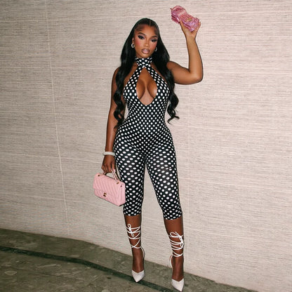 Polka dot print neck strap, big backless, tight fitting and slimming seven part jumpsuit