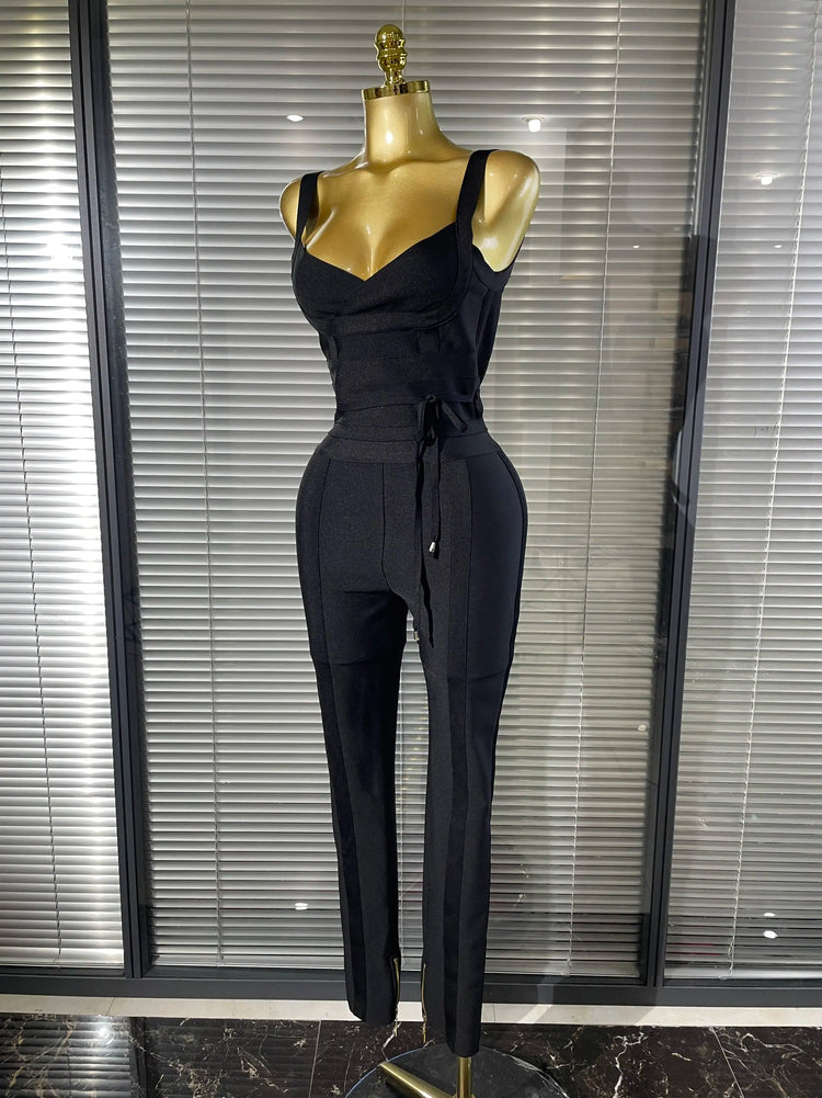 High Quality Women Sleeveless Sexy V-Neck Bodycon Bandage Long Jumpsuit Fashion Celebrate Evening Party Birthday Wear