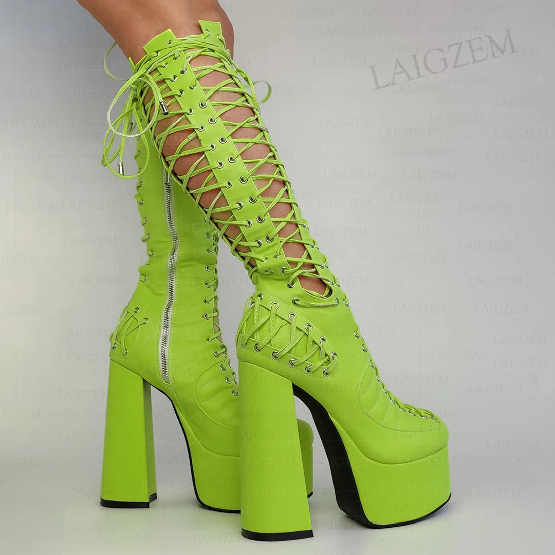 LAIGZEM Women Knee High Sandals Side Zip Up Pumps Shoes Lace Platform Cosplay Party Show Ladies Girls Shoes Woman Big Size 43 47