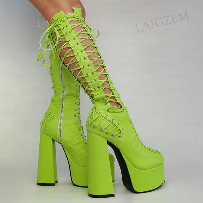 LAIGZEM Women Knee High Sandals Side Zip Up Pumps Shoes Lace Platform Cosplay Party Show Ladies Girls Shoes Woman Big Size 43 47