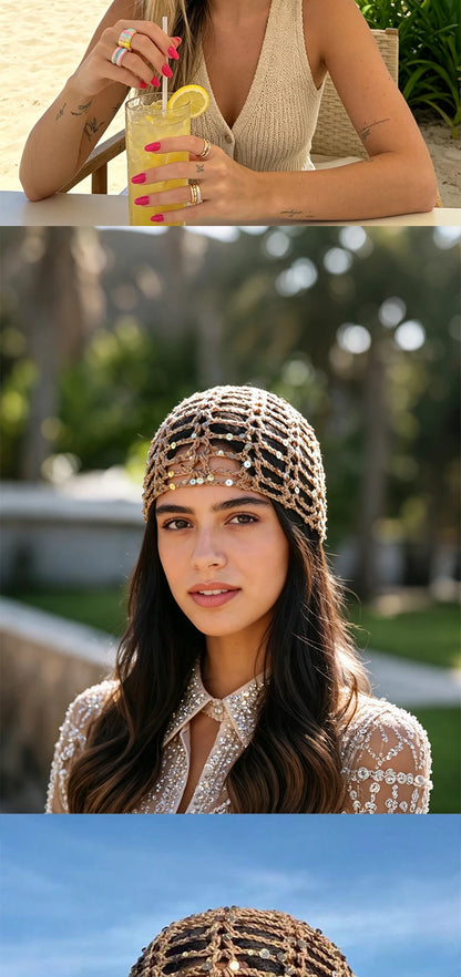Fashion Vintage Sequined Hollow Pullover Hats Women Spring Summer Travel Photo Atmosphere Versatile Y2K Knit Beanie Hat Girl