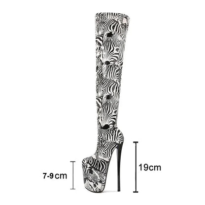 Spring Summer Patent Leather 19cm Super High Heels Platform Over The Knee Boots Women Large Size Zebra Patten Long Thigh Boots