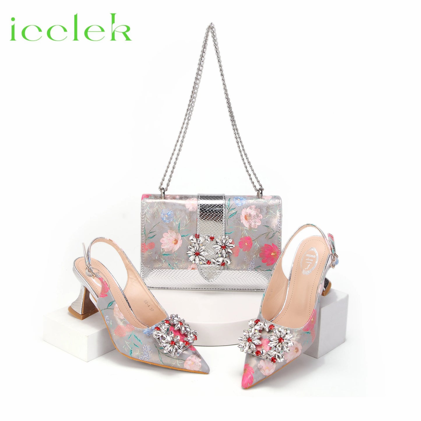 Newest Green Color Print Design High Heels Decorated with Water Rhinestone Party Women's Shoes and Bags Set