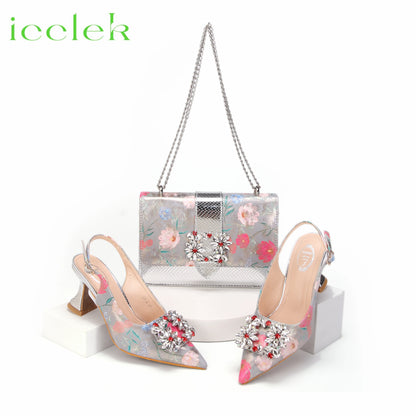 Newest Green Color Print Design High Heels Decorated with Water Rhinestone Party Women's Shoes and Bags Set
