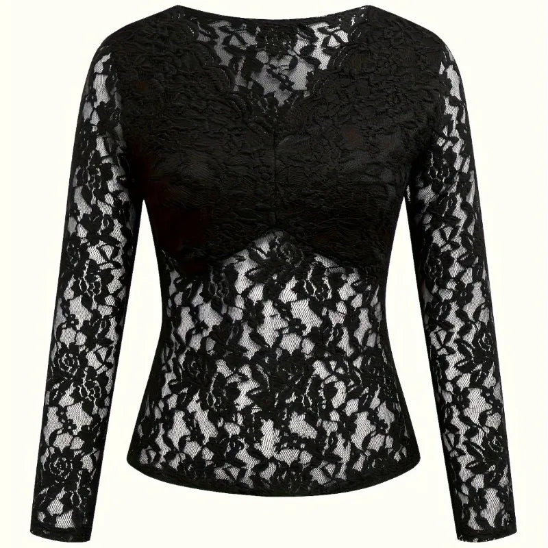 Women Lace V Neck Long Sleeve Sheer Mesh Floral Lace Top Slim Fit See Through Bodycon Jumpsuit for Party Clubwear Daily Wear