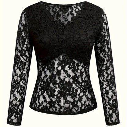 Women Lace V Neck Long Sleeve Sheer Mesh Floral Lace Top Slim Fit See Through Bodycon Jumpsuit for Party Clubwear Daily Wear
