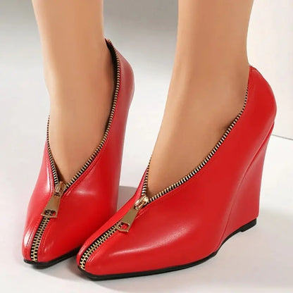 Sexy Women's Wedge High Heels Pumps Shoes Sexy Zipper Black Red White Wedges Heeled Large Size Office Party Wedding Shoes Ladies