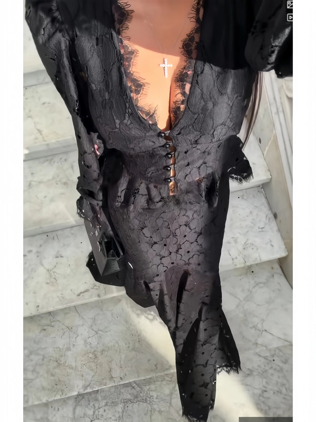 Delicate Lace V-Neck Flare Sleeve Peplum Top High Waist Mermaid Hem 2026 Spring Elegant Women Trendy Retro Sophisticated Co-Ord