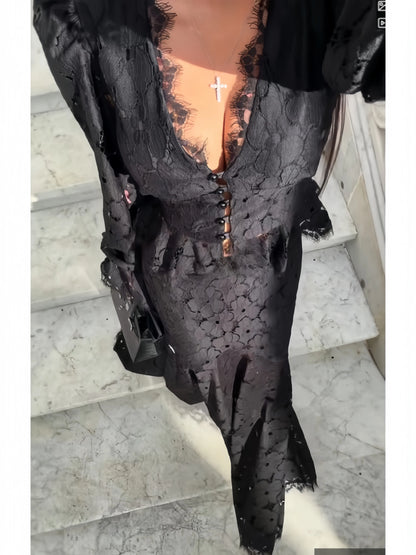 Delicate Lace V-Neck Flare Sleeve Peplum Top High Waist Mermaid Hem 2026 Spring Elegant Women Trendy Retro Sophisticated Co-Ord