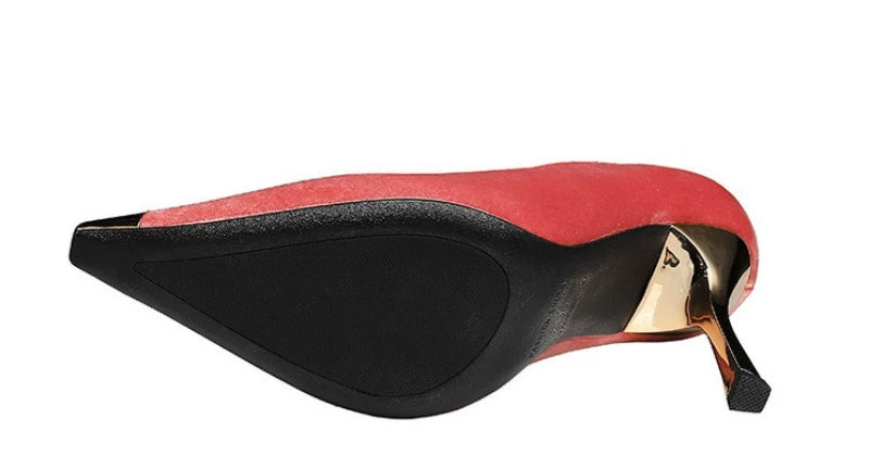 Women Peach Pink Velvet Metal Capped Pointed Toe Pumps Gold Trapezoid Thin High Heels Gentle Retro Luxury Date Banquet Ladies