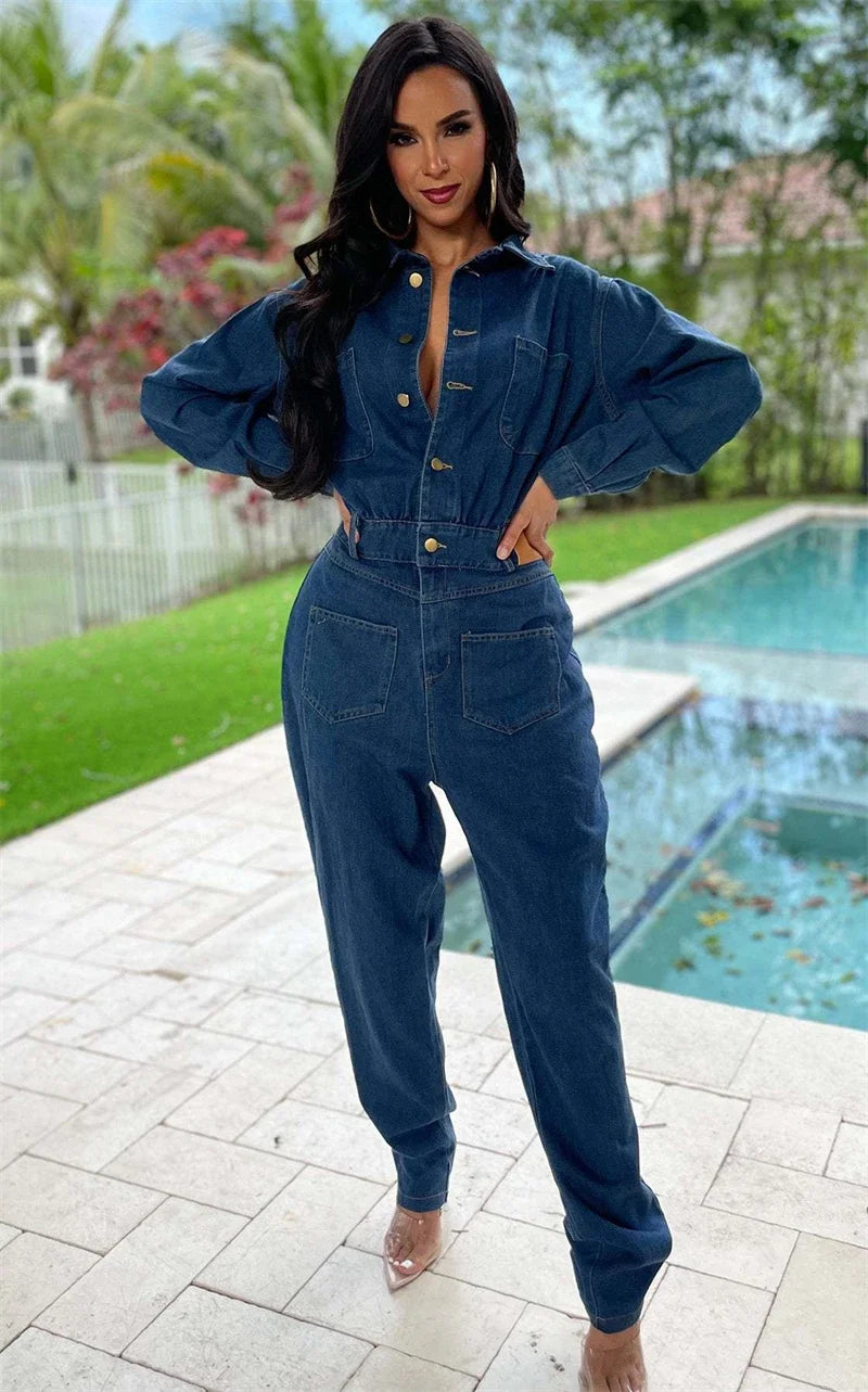 Streetwear Denim Jumpsuits Autumn Clothing Women Full Sleeve Button Up Jeans Long Rompers Playsuits One Pieces Overalls Outfits