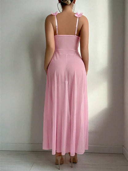 Women Babydolls Nighties Pink Floral Sexy Lingerie Dress Exotic Slip Nightdress Deep-V Lace Mesh See Through Nightgowns