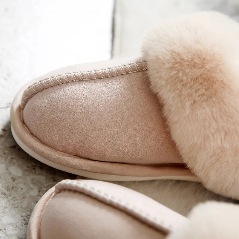 2025 Winter Warm Home Fur Slippers Women Luxury Faux Suede Plush Couple Cotton Shoes Indoor Bedroom Flat Heels Fluffy Slippers