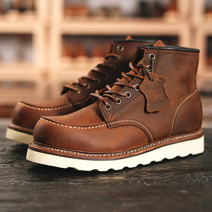 New Winter Vintage Men Casual Cow Leather Shoes Handmade Goodyear-Welted Dress Ankle Boots Motorcycle Boots