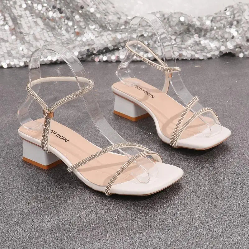 Elegant Square Toe Medium Heel Woman's Sandals Women Summer 2026 Luxury Rhinestore Strap Sandals Plus Size Woman Designer Shoes
