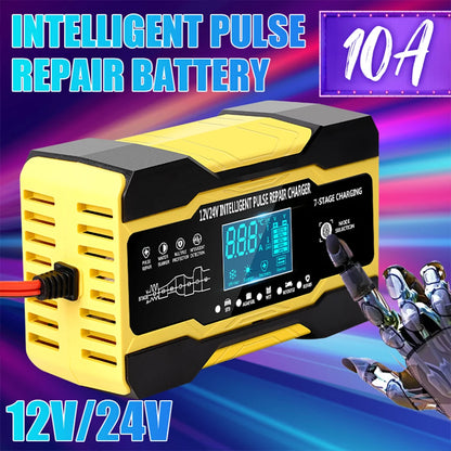 12V 24V Car Battery Charger 10A Smart 7-Stage Pulse Repair Fast Charger, AGM GEL WET Lead Acid Battery Maintainer