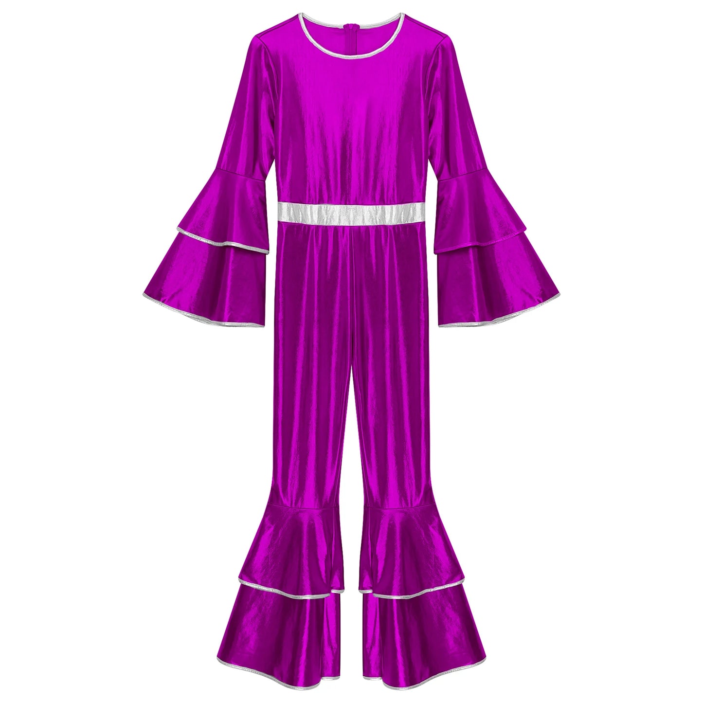 Womens 70S Disco Vintage Jumpsuit Metallic Shiny Flare Sleeve Bodysuit Hippie Bell Bottom Jazz Dance Carnival Rave Party Costume