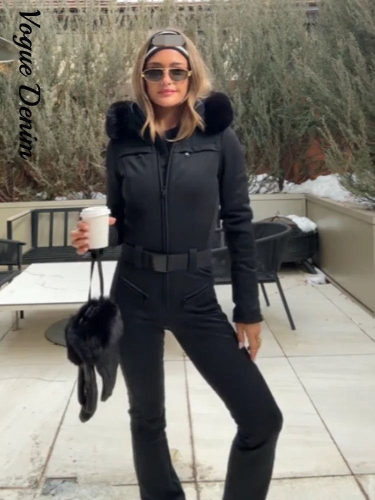 Casual Solid Ski Hoodie Jumpsuits Women Street Full Sleeve Closed Waist Slim Warm Belt Suits Female 2026 Fashion Snow Lady Suit