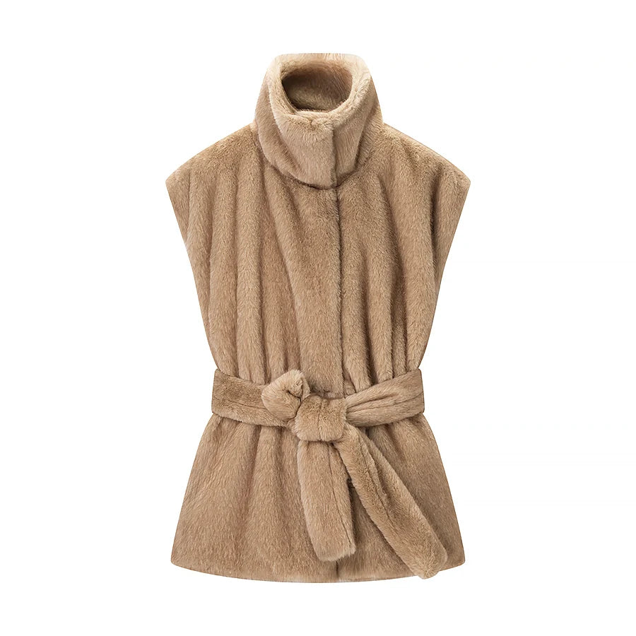 Winter Thick Sleeveless Faux Fur Jacket Women Vintage Stand Collar Waist Cinched Warm Coat Female Daily Commuting Street Outfits
