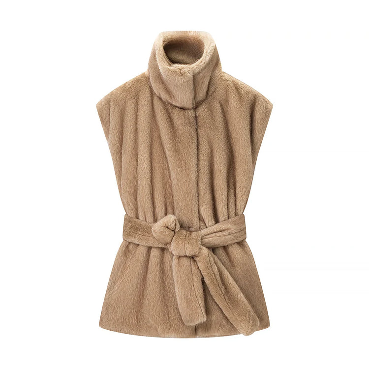 Winter Thick Sleeveless Faux Fur Jacket Women Vintage Stand Collar Waist Cinched Warm Coat Female Daily Commuting Street Outfits