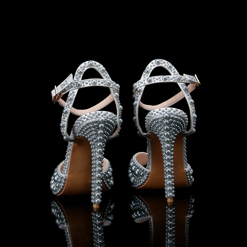 Luxury Handmade Pearl Peep Toe Women Sandals Fashion Summer Wedding Princess Thin High heels Elegant Party Prom Bridal Shoes