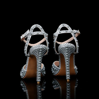 Luxury Handmade Pearl Peep Toe Women Sandals Fashion Summer Wedding Princess Thin High heels Elegant Party Prom Bridal Shoes