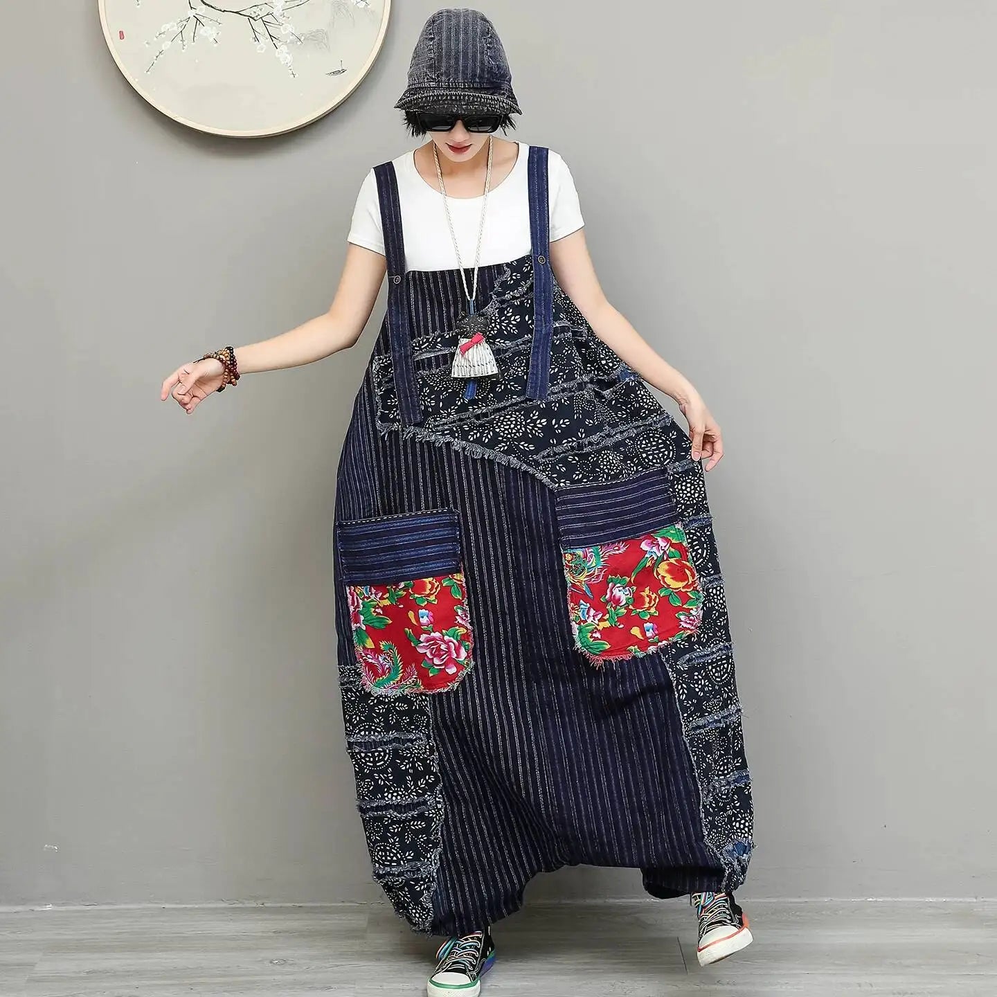 Unique Niche Women Cotton-linen Patchwork High-waist Overalls Large Pockets Sleeveless Jumpsuit LX6266
